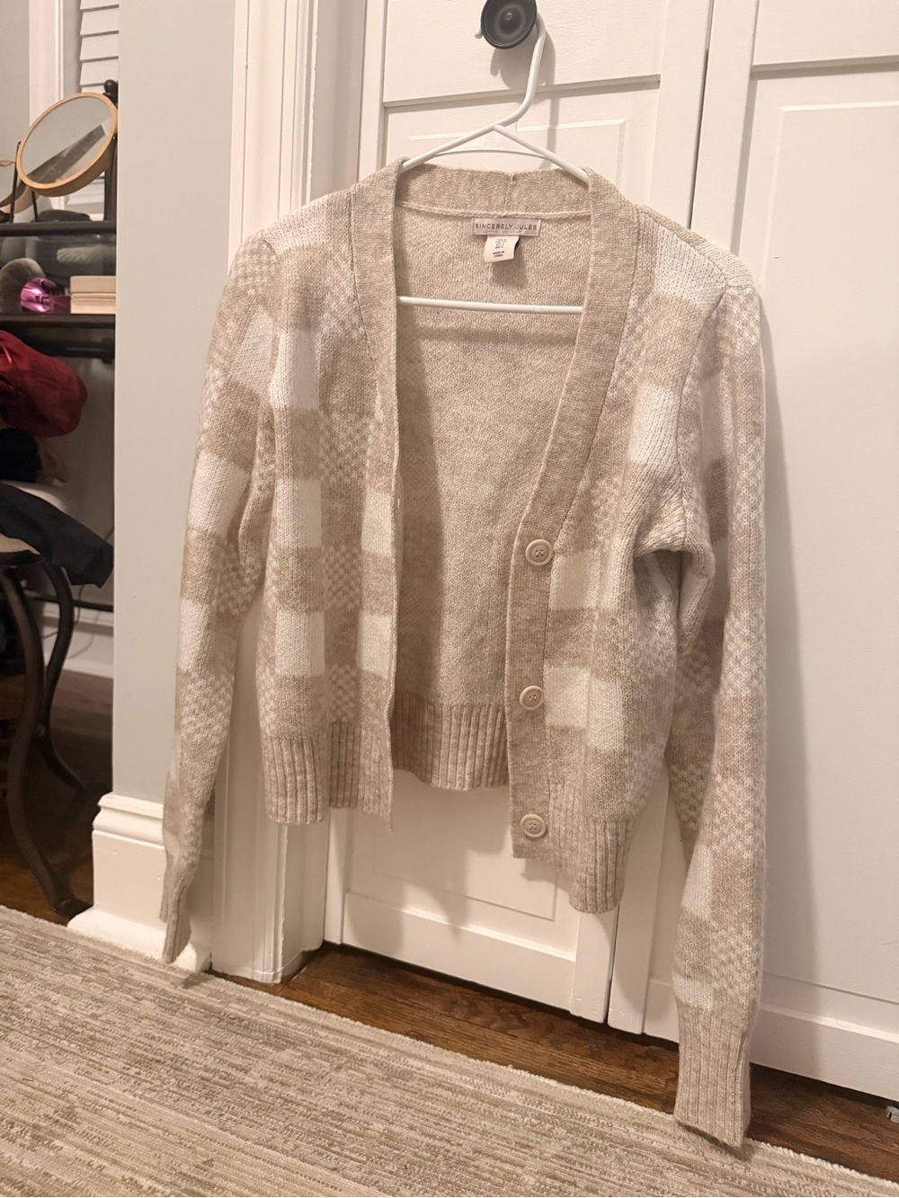 Sincerly Jules Beige and White Checked Button-Front Cardigan